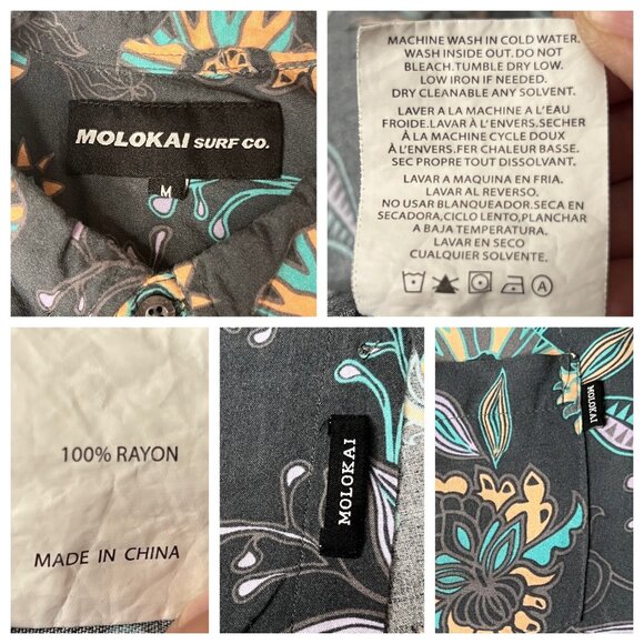 Molokai Surf Men's Medium  Wild Flower Button-Down Gray Floral Rayon Pocket - Picture 12 of 16